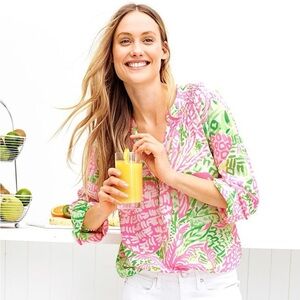 Lilly Pulitzer Elsa Silk Blouse Pineapple Sunset Home Slice